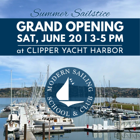 Image of Clipper Yacht Harbor in Sausalito and Modern Sailing logo - Grand Opening Saturday, June 20 from 3:00 - 5:00pm