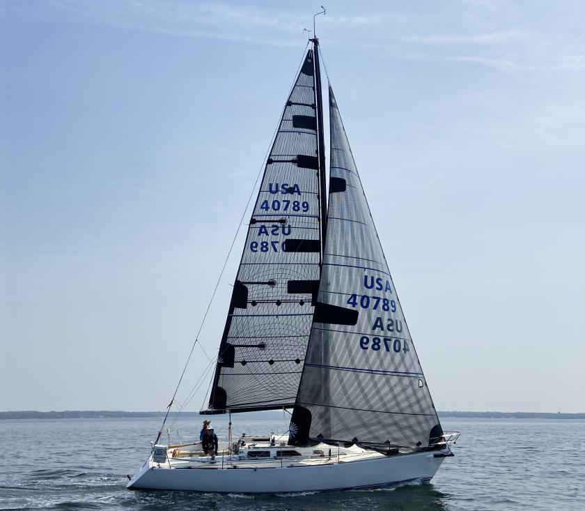 Express 37 Lora Ann sailing with a slab-reefed Genoa