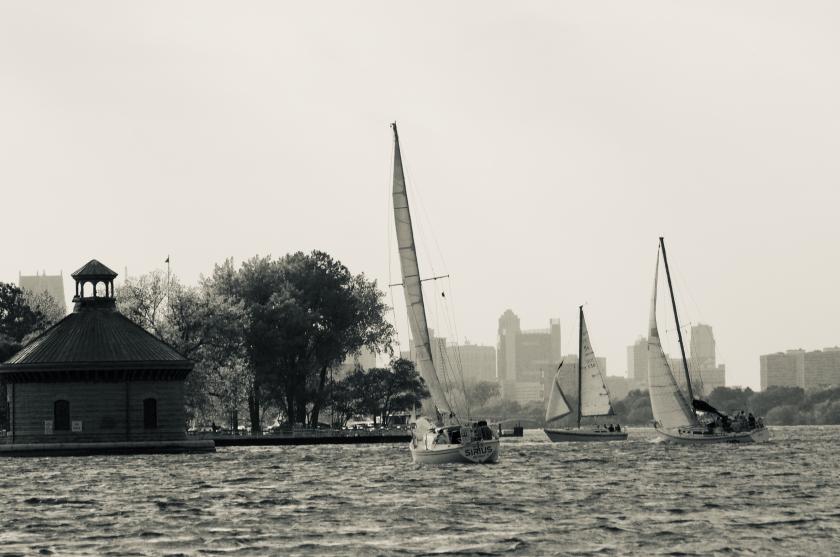 sailboats in front of the water intake just north of Belle Isle in Detroit, MI