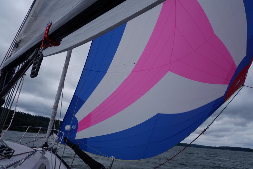 Sailboat with blue, white, and pink spinnaker. 